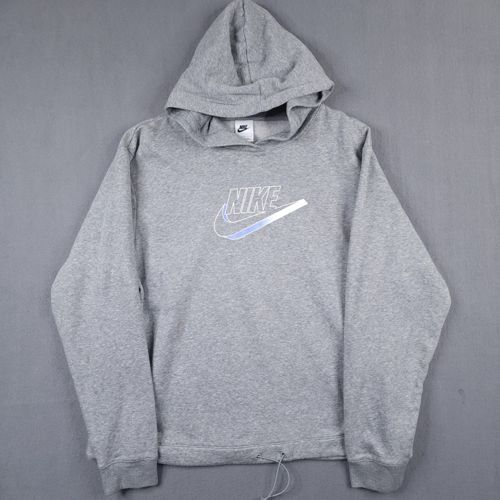 Nike Hoodie Womens L Grey Pullover Graphic Swoosh Bungee Hem Sporty Athleisure